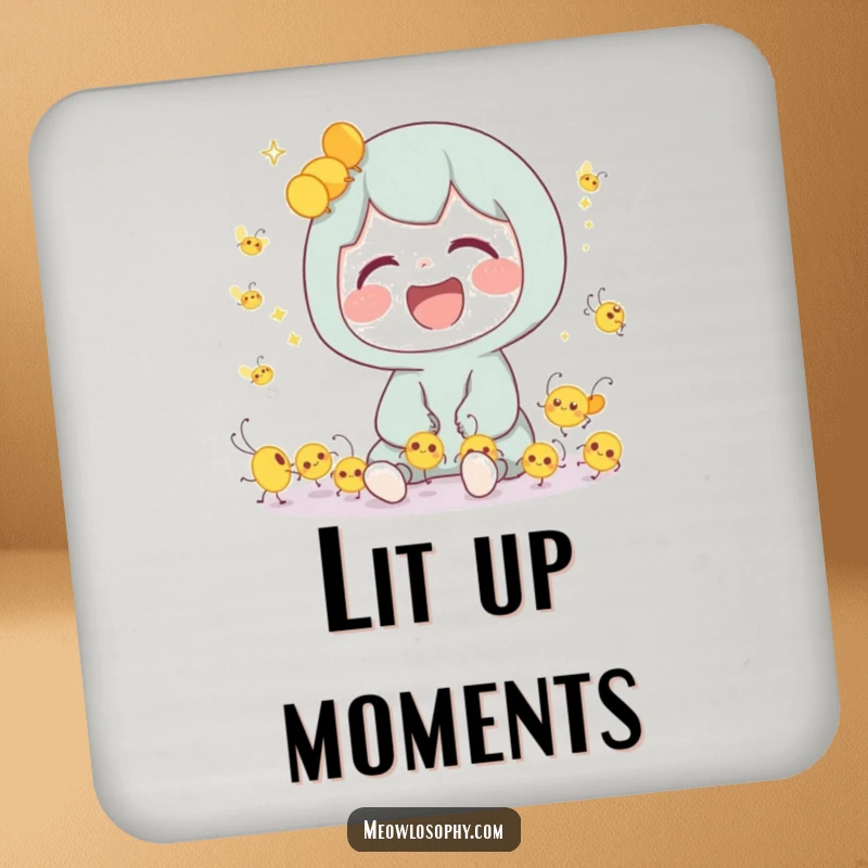 Funny Drink Coasters featuring a cute character laughing with tiny, dancing fireflies, perfect for a magical table setting.