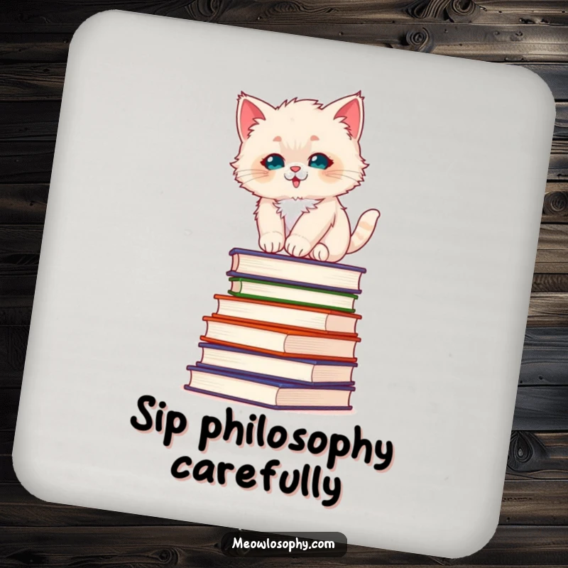 Funny fluffy kitten drink coaster, featuring a kitten balancing on philosophy books, protecting surfaces with intellectual charm.