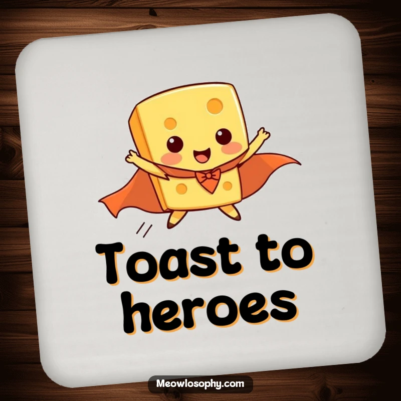 Funny drink coaster of a piece of cheese wearing a superhero cape, comically attempting flight.
