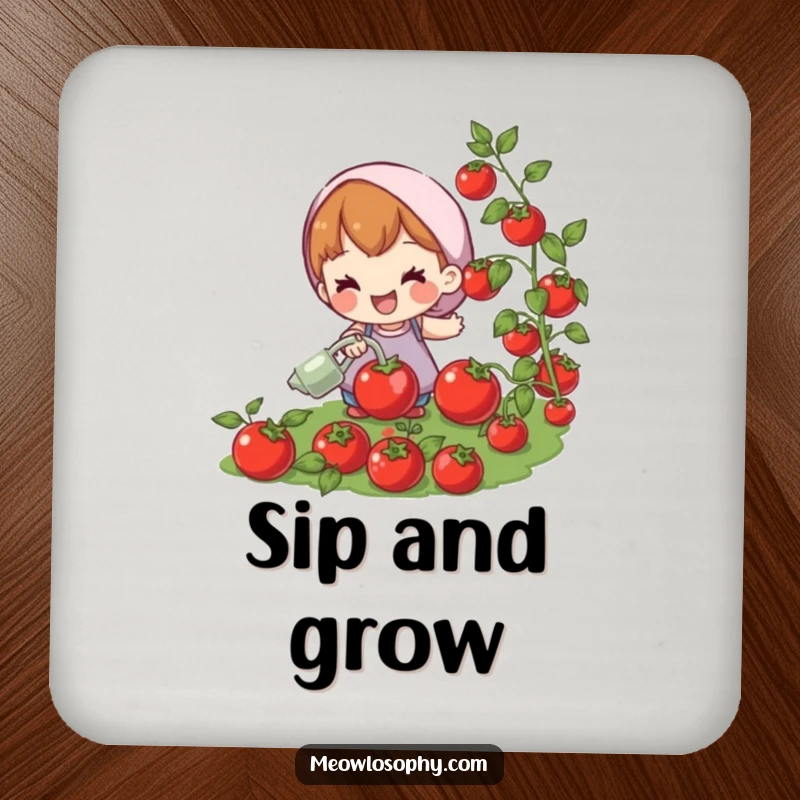 Funny coasters with a joyful character watering plump, red tomatoes. Protect furniture with garden humor.