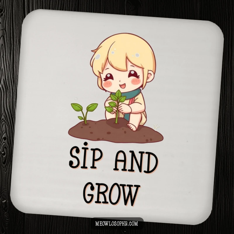 Funny coasters with a cute character tending a miniature garden and smiling at a sprout, adding a natural and humorous touch.