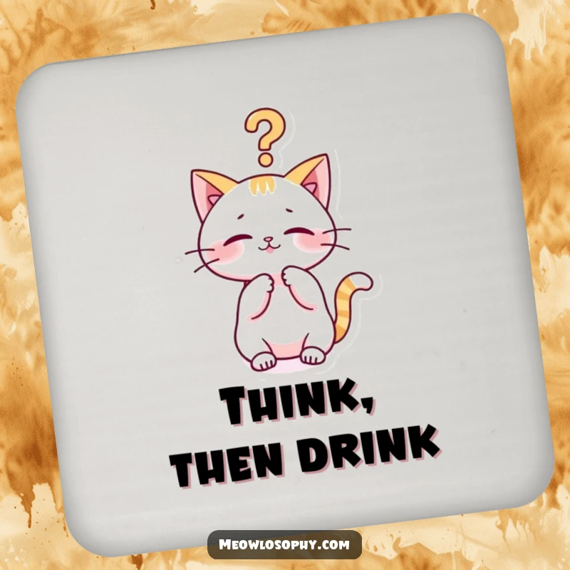 Funny kawaii cat coaster with a cute character playfully batting at a philosophical question mark, humorous home accessory.