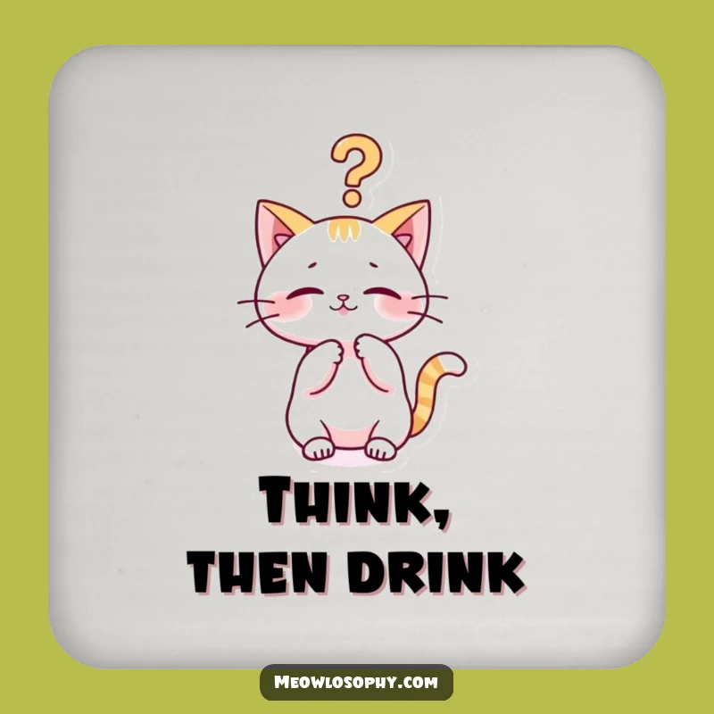 Funny Kawaii Cat Coaster: Playful Pondering Feline Drink Protector Gift