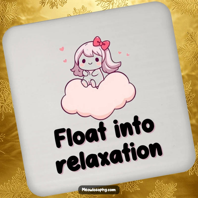 Funny drink coaster featuring a kawaii character joyfully riding on a cloud shaped like a heart, perfect for protecting surfaces with happiness.