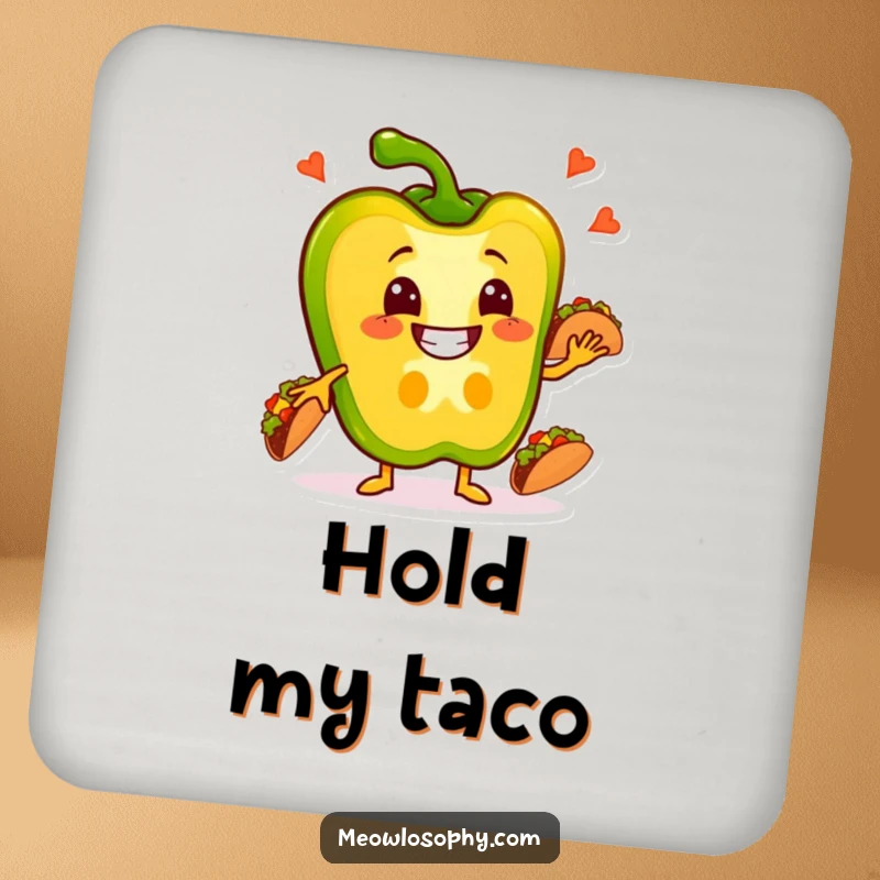 Funny Pepper Coaster depicting a grinning bell pepper slice juggling tacos, protecting surfaces with flair.