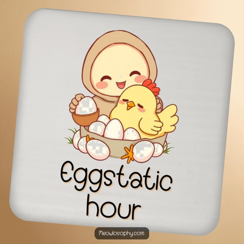 Funny drink coasters with a character collecting eggs from a very sleepy, cartoonish chicken. Protect furniture with humor.
