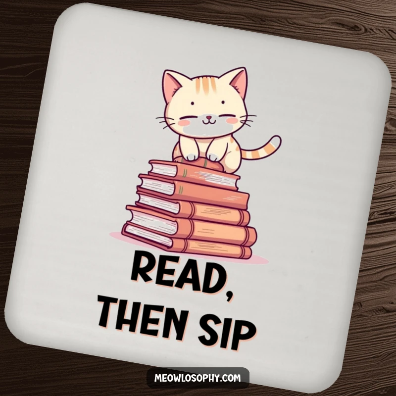 Funny cat coaster with an adorable character attempting to balance on a stack of ancient books, humorous home accessory.