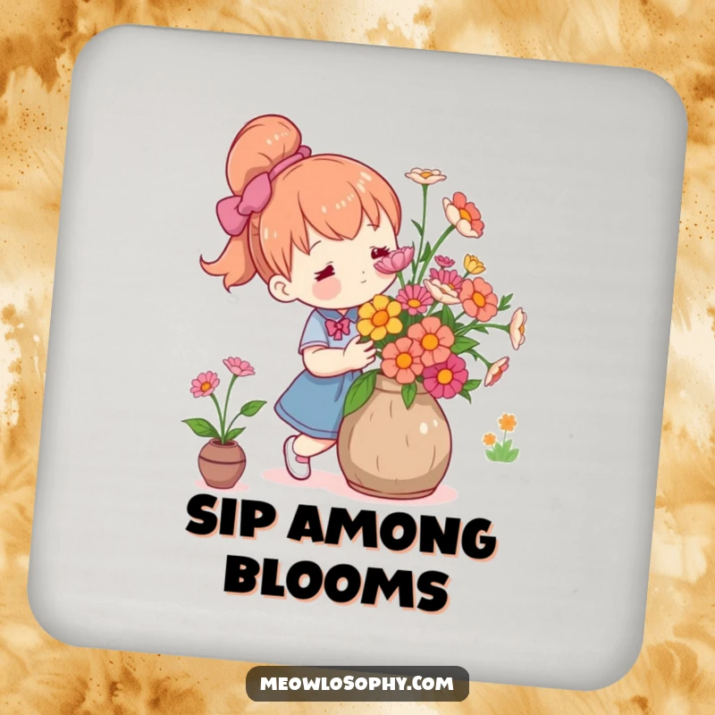 Funny cute character arranging fresh flowers in a rustic vase with care, featured on a protective and decorative drink coaster.