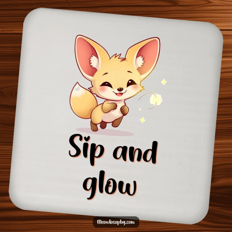 Funny drink coaster featuring a fennec fox joyfully chasing a glowing firefly, adding whimsical charm to surface protection.