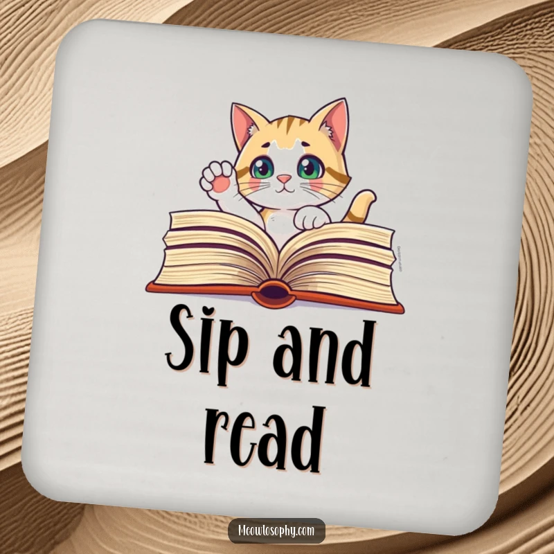 Funny drink coaster with a curious cat peeking through a book, paw raised, protecting surfaces humorously.