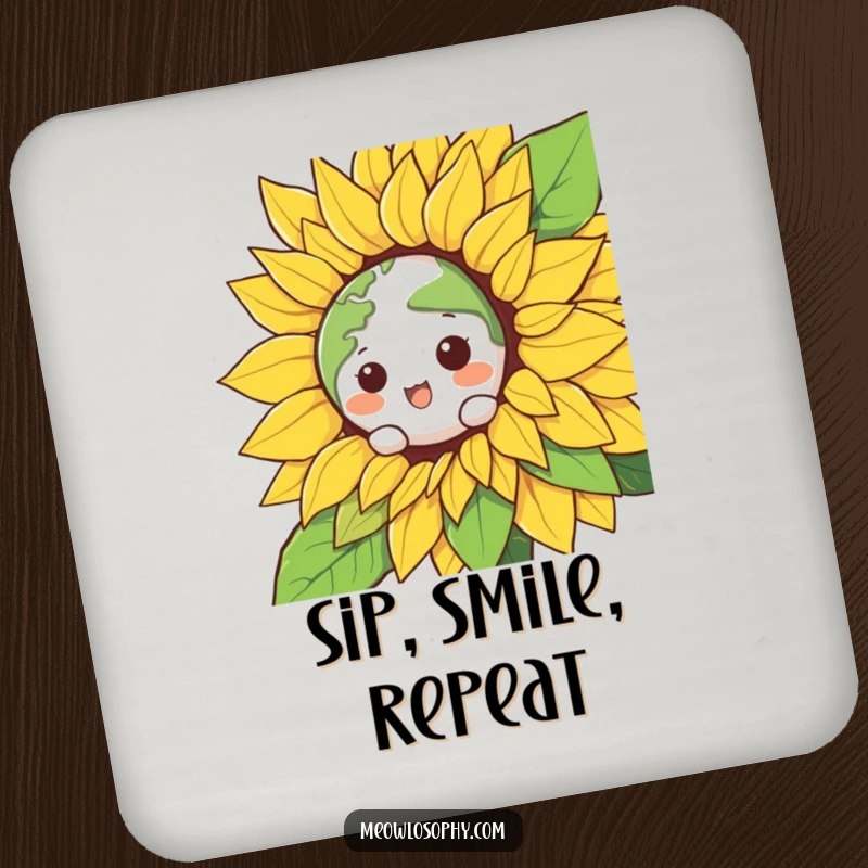 Funny Kawaii Earth character peeking from a smiling sunflower on drink coasters, protecting surfaces with humorous charm.