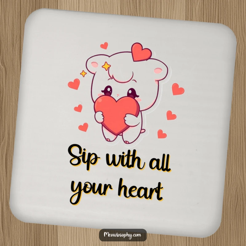 Funny drink coaster featuring a cute character with stars in its eyes, holding a big, red heart, perfect for protecting surfaces with love.