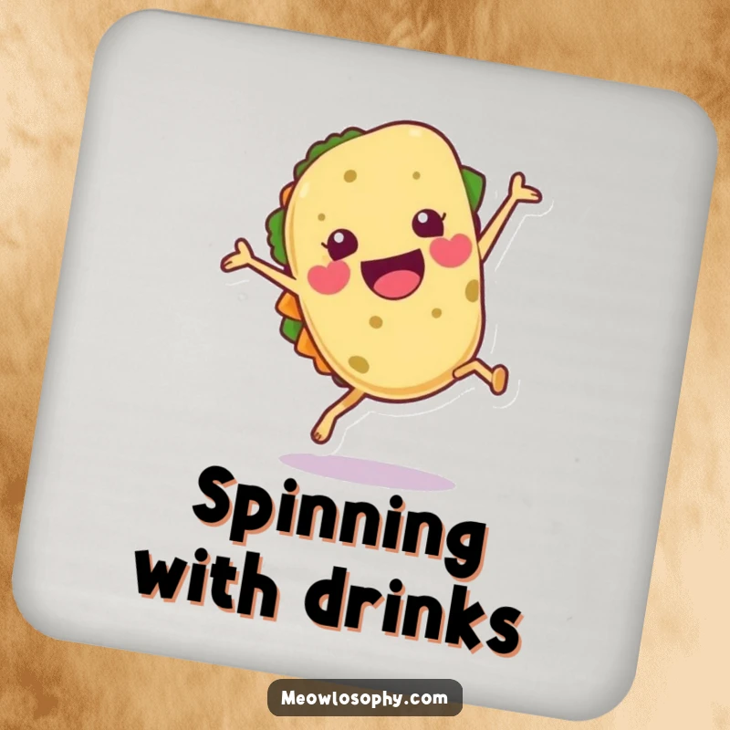 Funny Tortilla Coaster depicting a joyful tortilla character doing a cartwheel with a flourish, protecting surfaces.