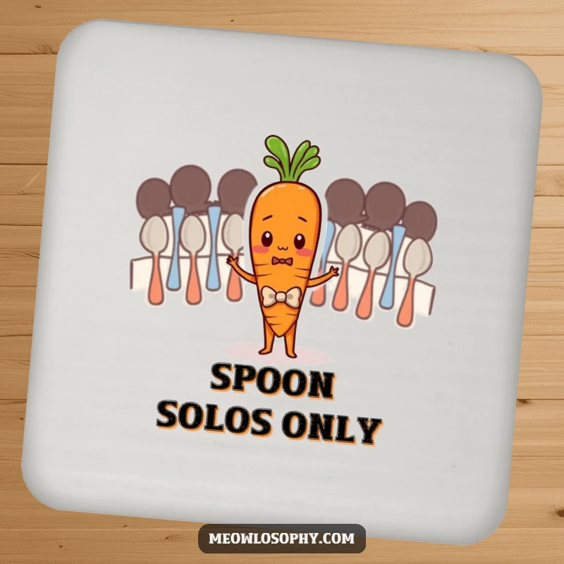 Funny drink coaster with a shy carrot in a bowtie conducting a spoon orchestra, protecting tables with musical humor.