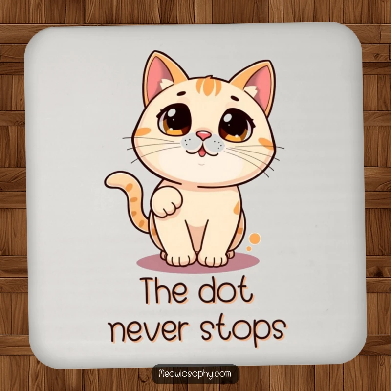 Funny cat coaster with a wide-eyed character chasing a laser pointer dot in a circle, humorous home accessory.