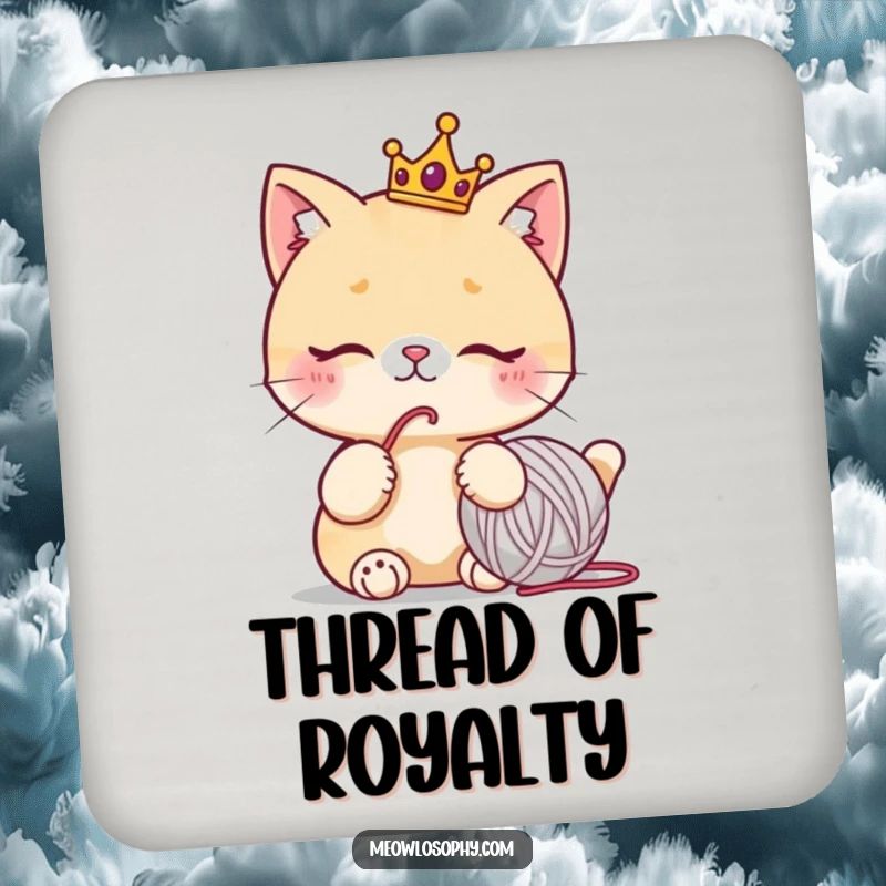Funny cat coaster with a cute character wearing a tiny crown, thoughtfully staring at a yarn ball, humorous home accessory.