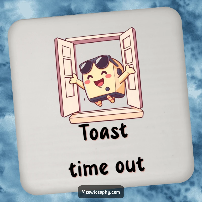 Funny toaster wearing sunglasses dramatically jumping out of a window on a drink coaster, perfect for adding rebellious humor.