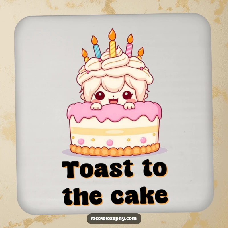 Funny Birthday Cake Coasters: A kawaii character peeks from behind a cake, adding festive flair and surface protection.