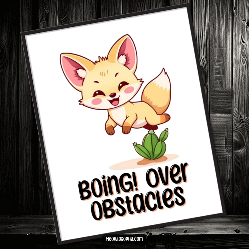 Funny Fennec fox poster showing a happy fennec fox mid-leap over a small cactus, adding desert charm to walls.