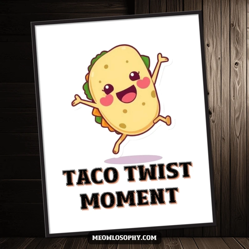 Funny Tortilla Poster depicting a joyful tortilla character doing a cartwheel with a flourish, festive wall art.
