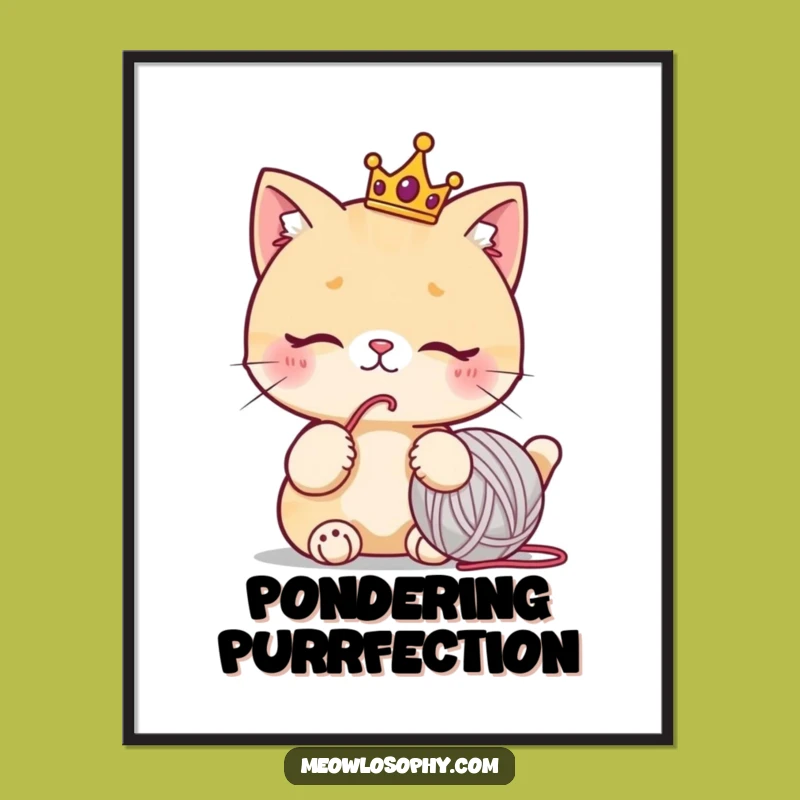 Funny Cat Crown Poster: Regal Feline Yarn Ball Art Print Gift