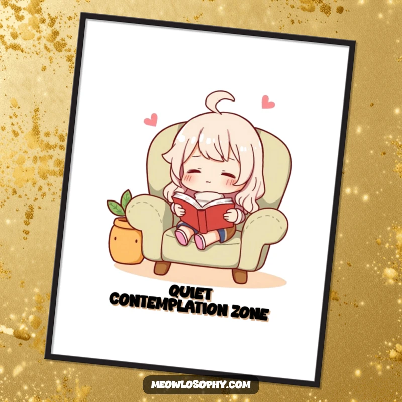 Funny character enjoying a book in a cozy armchair, with a serene and contented face, for wall art.