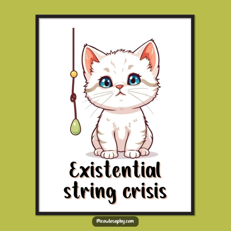 Funny Curious Kitten Poster: Thoughtful Cat Batting String Art, Whimsical Wall Decor
