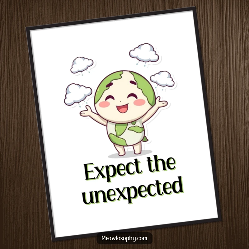 Funny poster art of a smiling earth character juggling tiny storm clouds with a playful wink, perfect for whimsical decor.