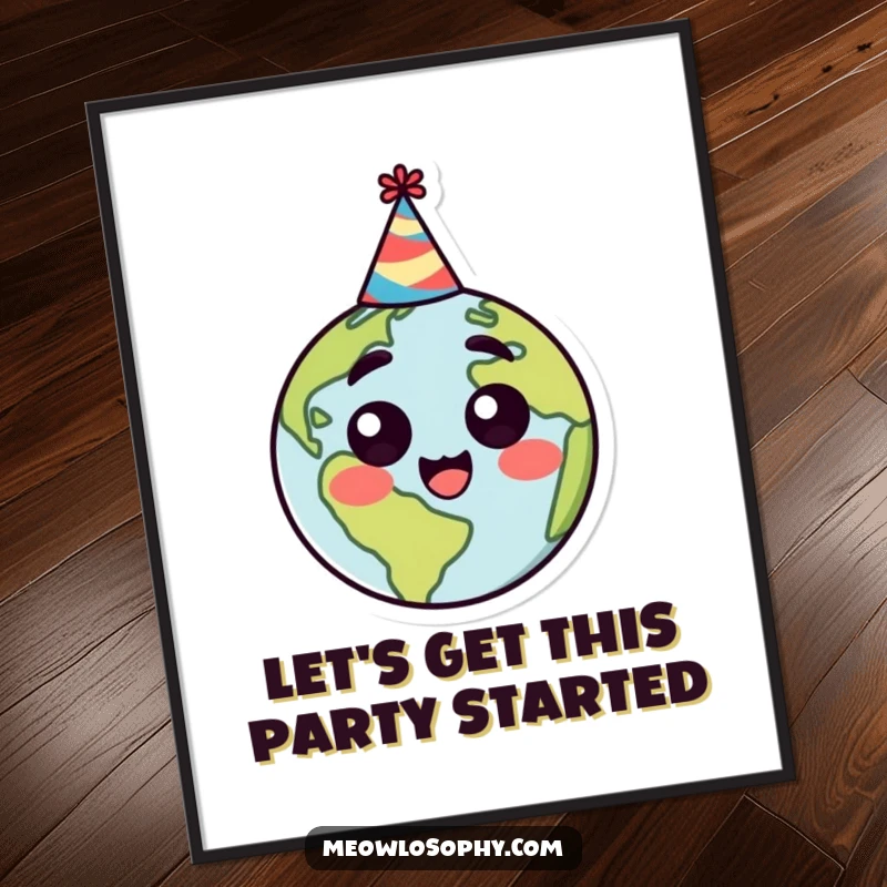 Funny poster artwork of a stylized earth character wearing a party hat with a happy, surprised expression, ideal for cheerful decor.