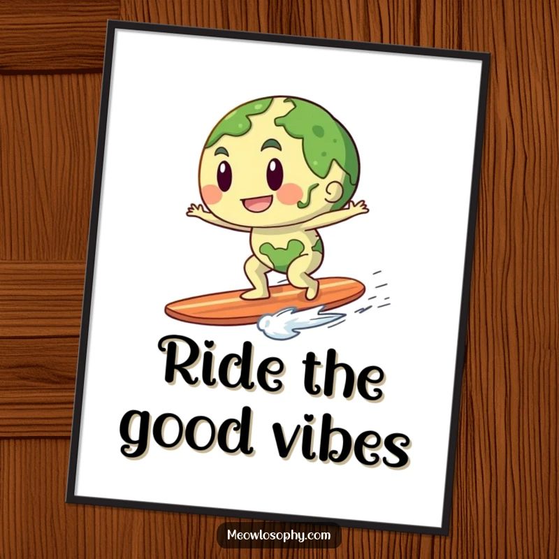 Funny poster art of an anthropomorphic earth character playfully riding a gentle breeze like a surfboard, perfect for adventurous decor.