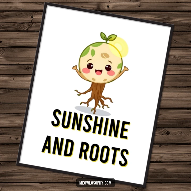 Funny Happy Earth character with roots wiggling, dancing in a sunbeam, a poster promoting environmental awareness and joy.