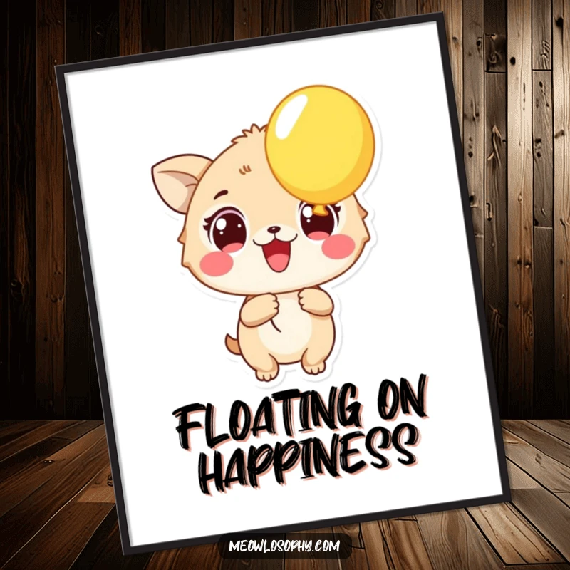 Funny Excited Animal Poster showing a character with wide, excited eyes holding a bright balloon. Humorous wall art, perfect as a funny gift.