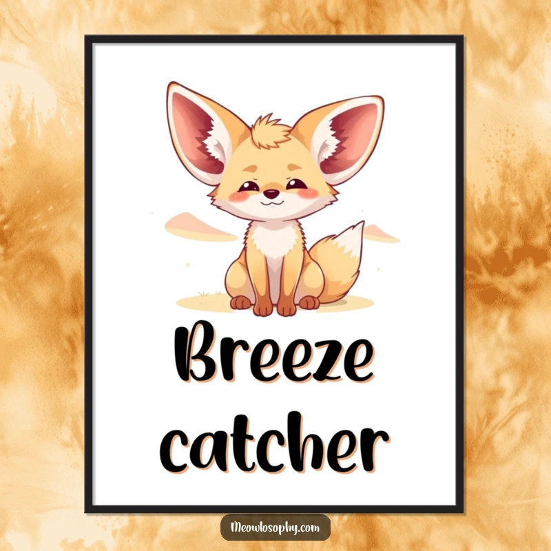 Funny Fennec Fox Poster depicts a content fox with ears spread wide like wings, eyes closed, enjoying a gentle desert wind.