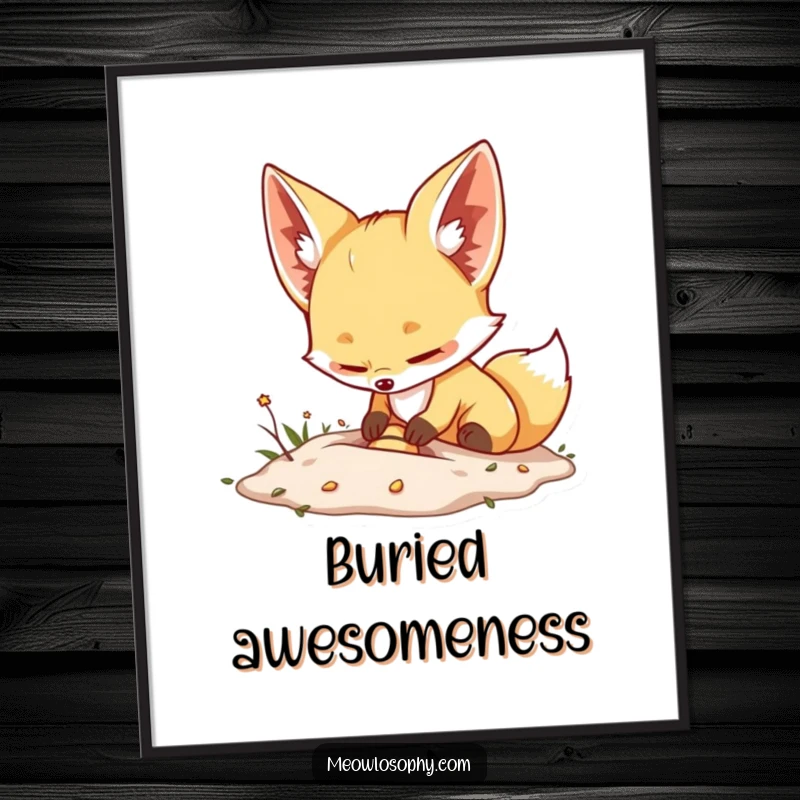 Funny Fennec Fox Poster captures an adorable fox with ears perked, intensely and excitedly burying a small, glittering treasure in the sandy ground.