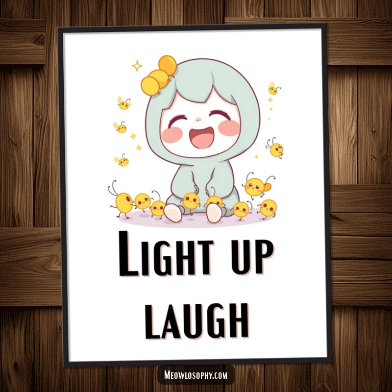 Funny Poster depicting a cute character laughing joyfully with tiny, dancing fireflies illuminating a magical night scene.