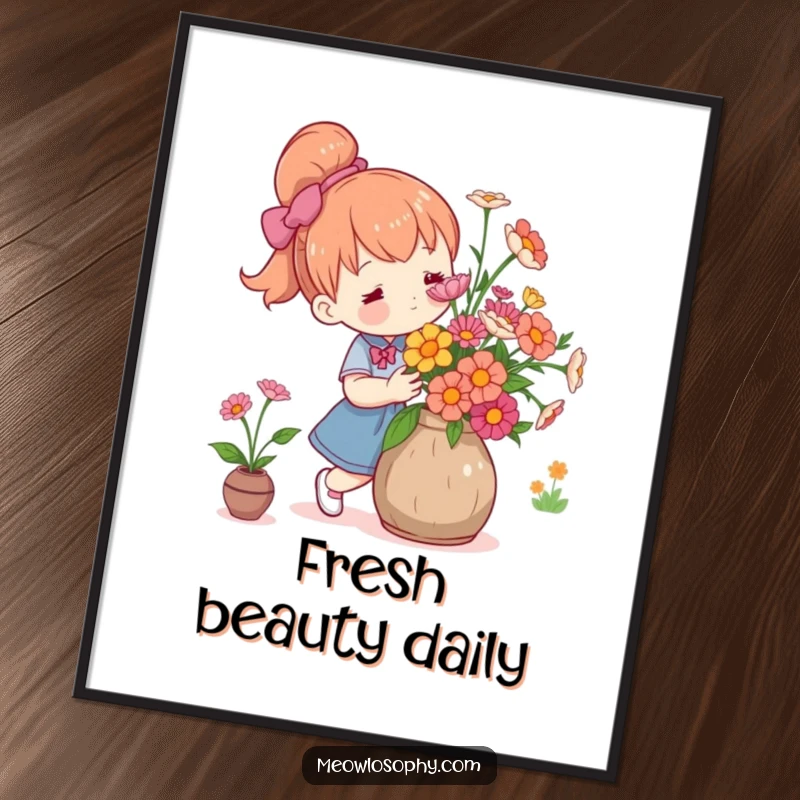 Funny cute character arranging fresh flowers in a rustic vase with care, perfect for charming floral wall art.