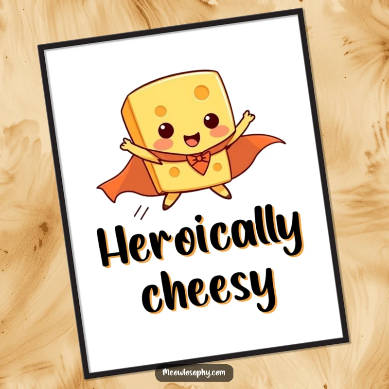 Funny poster art of a piece of cheese wearing a superhero cape, comically attempting to fly.