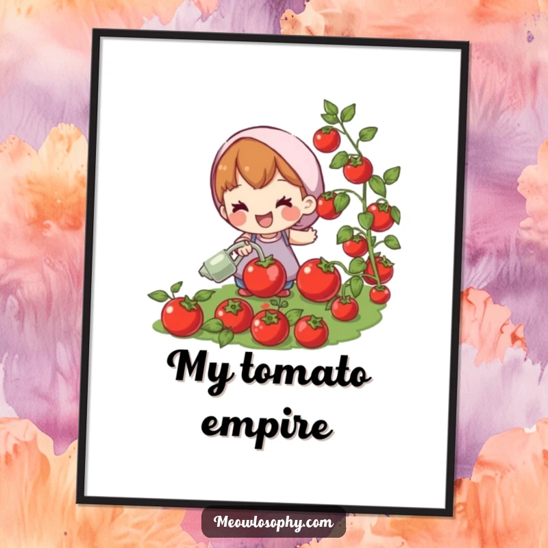 Funny poster of a joyful character watering plump, red tomatoes. Humorous garden-themed wall art.