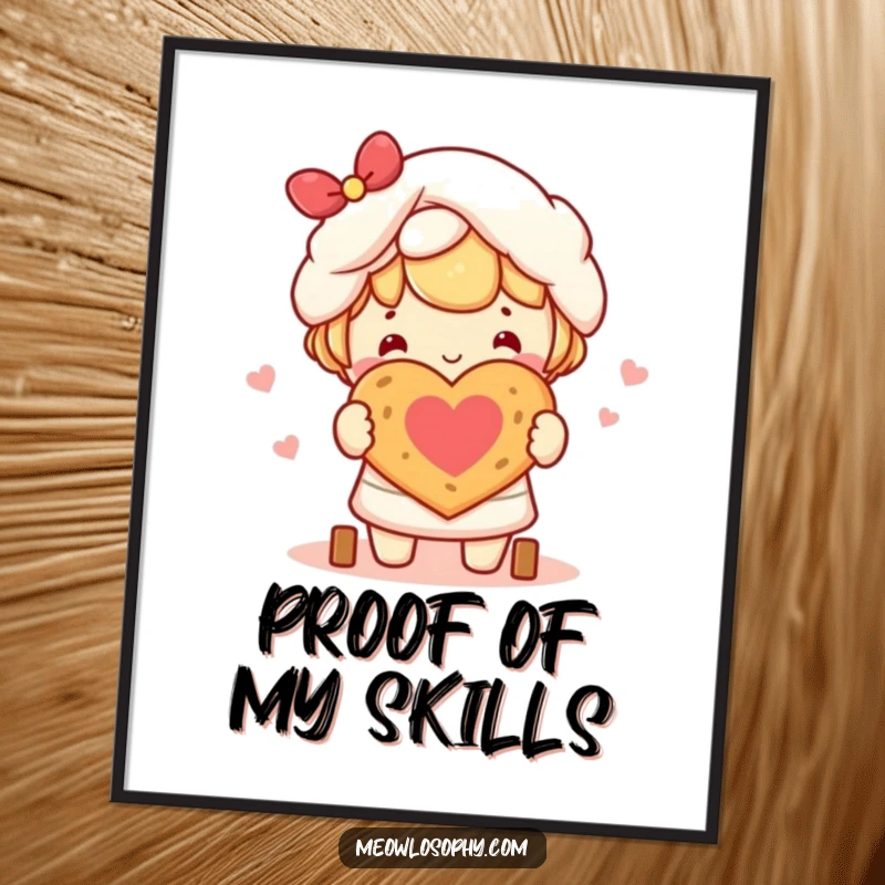 Funny kawaii character joyfully baking a heart-shaped bread loaf, perfect for cute baking-themed wall art.
