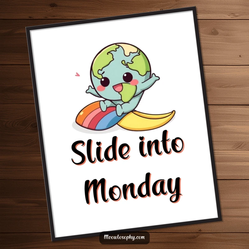 Funny poster art of a kawaii earth character comically slipping on a rainbow banana peel, perfect for humorous decor.