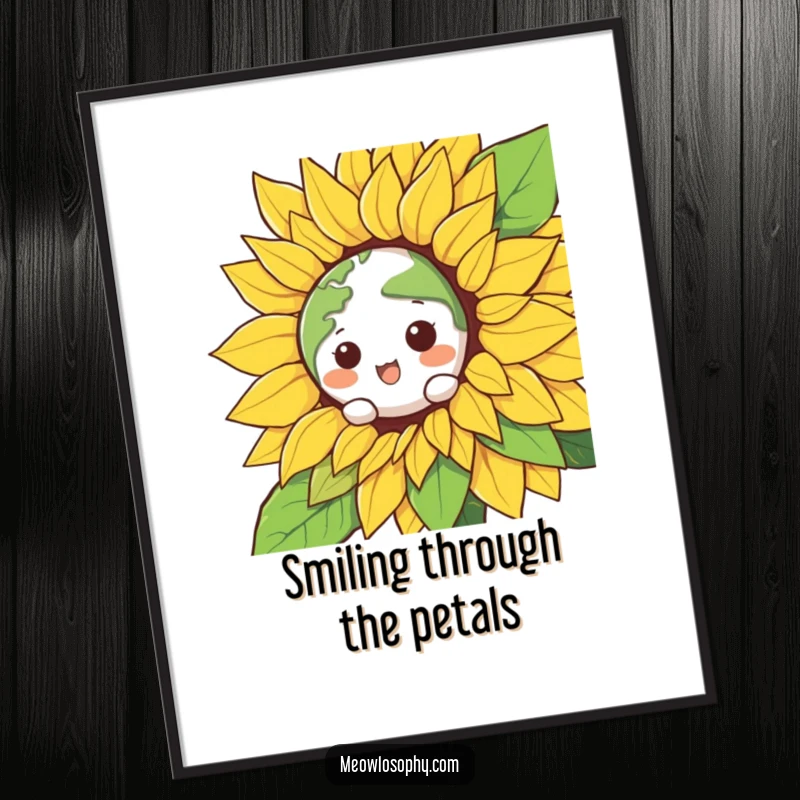 Funny Kawaii Earth character peeking from a giant, smiling sunflower, designed as vibrant wall art for a humorous, nature-themed room.