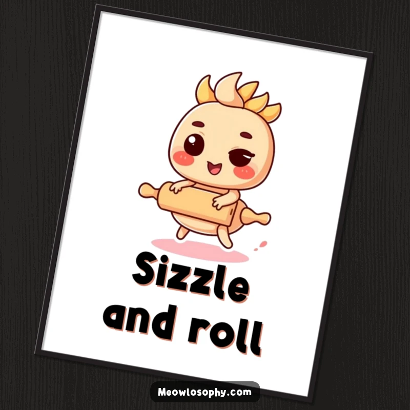 Funny Kawaii Fajita Poster depicting a winking fajita filling riding a miniature rolling pin, cute wall art.