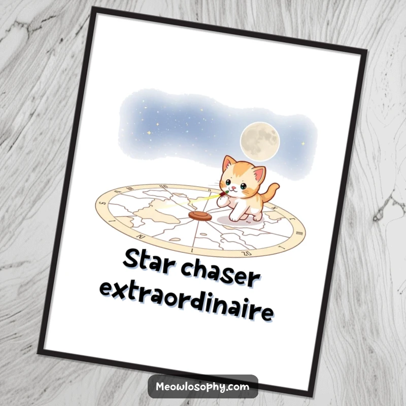 Funny playful kitten poster, capturing a kitten chasing a laser pointer across a vibrant celestial map, full of cosmic energy.