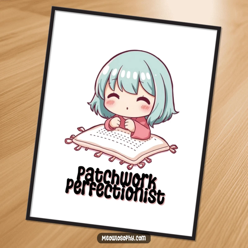 Funny adorable character diligently stitching a small quilt with focused delight, perfect for craft room wall art.