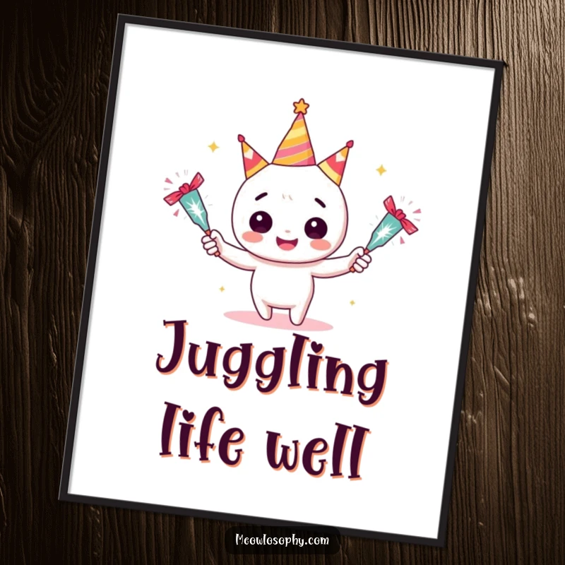 Funny Adorable Juggler Poster showing a character grinning while juggling three sparkling party crackers. Humorous wall art, perfect as a funny gift.