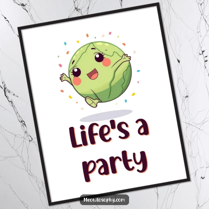 Funny Earth character doing a cartwheel with a trail of confetti, designed as vibrant wall art for a humorous, celebratory space.