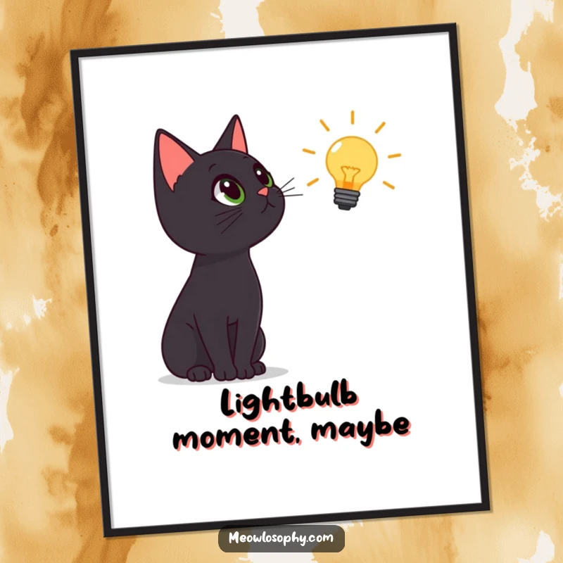 Funny black cat poster, cat looking up at a floating lightbulb with pure wonder, humorous wall art, great gift.