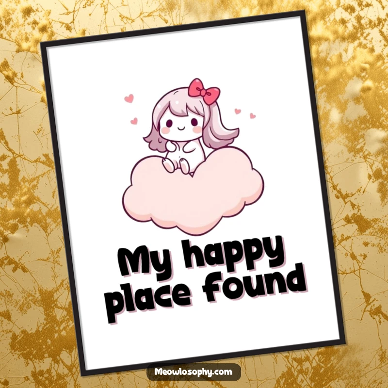 Funny poster of a kawaii character joyfully riding on a cloud shaped like a heart, creating a visually blissful and happy display.