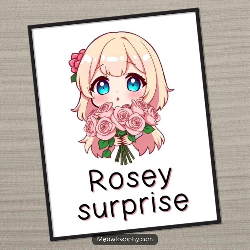 Funny poster print of a character looking comically shocked while holding a dazzling bouquet of sparkly roses, ideal humorous wall art.