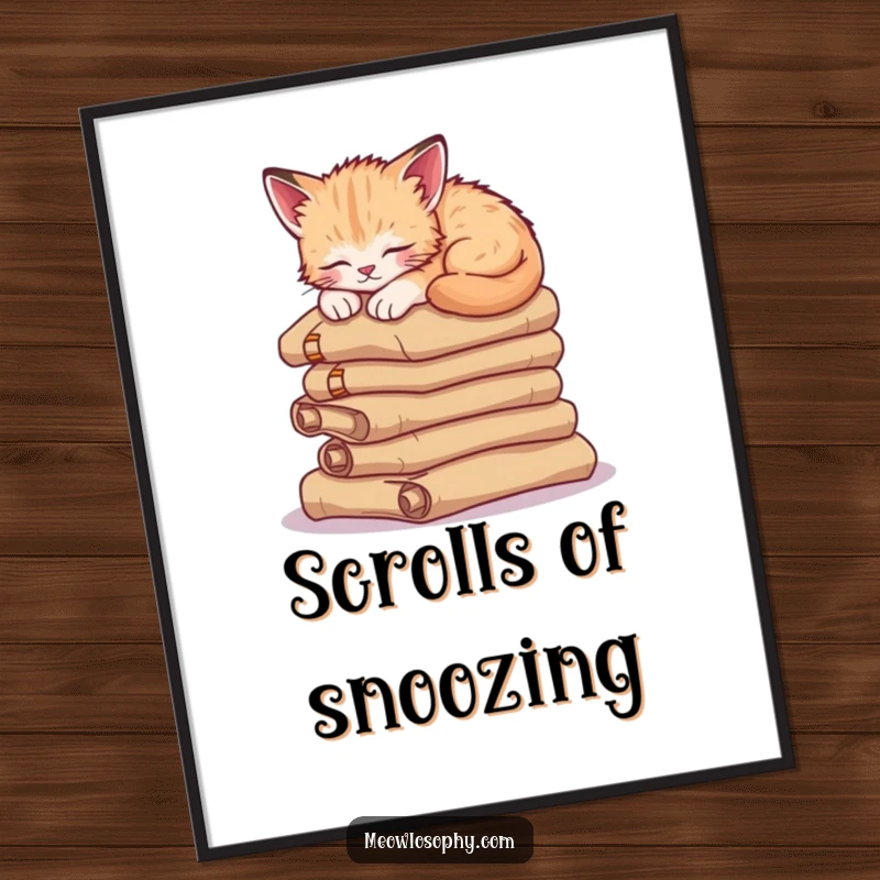 Funny sleepy kitten poster, showing a cute cat napping soundly on a pile of ancient scrolls, a peaceful and humorous scene.
